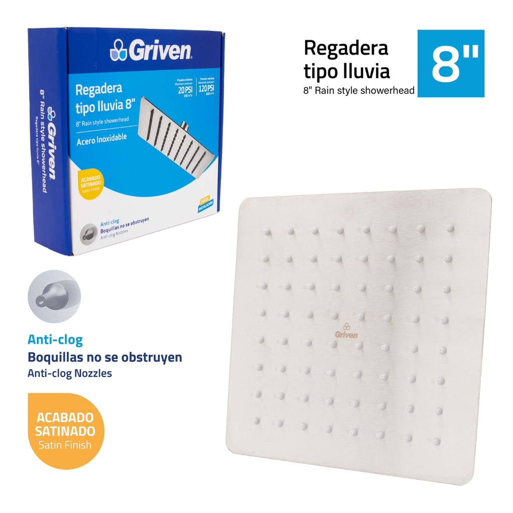 REGAD MET/SATINAD CUADRADA 8" GRIVEN: