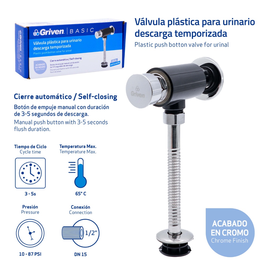 VALVULA P/URINARIO PUSH CROMADA PUL 1/2